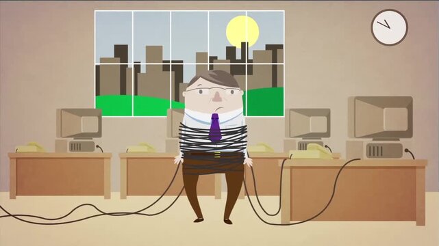 Stressed Tired Businessman Bound by Tangled Wires at Office Desk, Desk Job and Workplace Burnout Concept, 2D Animation