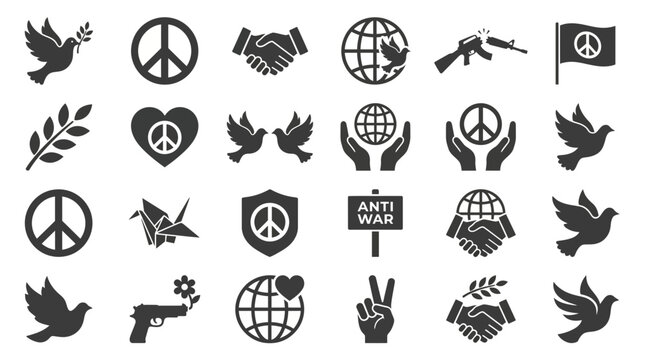 Collection of flat black peace icons featuring doves olive branches handshakes and antiwar symbols on a white background, symbolizing global harmony and representing social justice movements