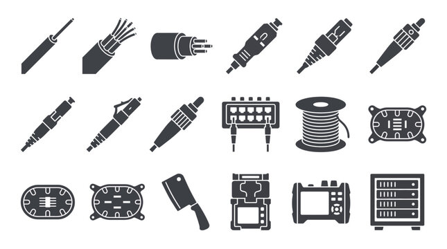 Collection of black fiber optic technology icons featuring network cables, connectors, splicing tools and server equipment, illustrating telecommunications systems and fiber web installation