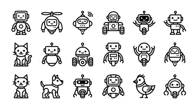 Set of cute minimalist robot and robotic animal line icons featuring androids, cat, dog and bird characters, representing futuristic technology and symbolizing modern robotic character design