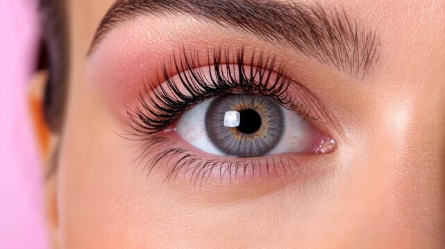 Close-up view of a woman's eye showcasing striking eyelashes and vibrant iris color in a soft light setting