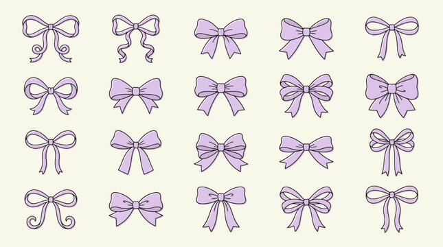Collection of hand drawn purple ribbon bows in various styles set on an isolated cream background, expressing coquette aesthetic and representing decorative elements for feminine branding