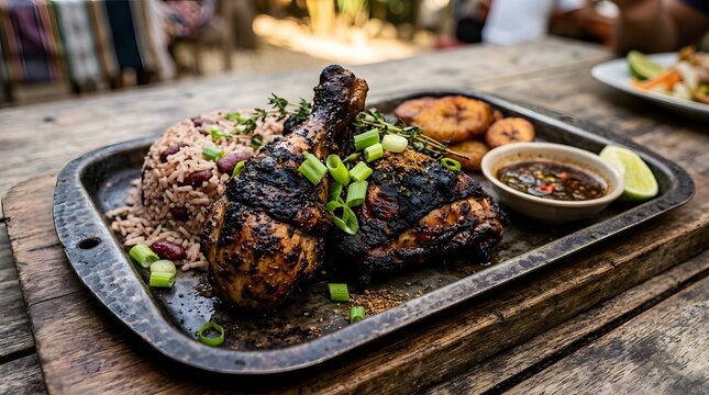 A delicious Caribbean-style jerk chicken meal served on a metal tray with rice, beans, and plantains