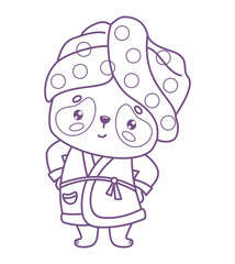 Fototapeta premium Outline Cute Panda Bear Kawaii Character In Bathrobe With Towel On Head. Line drawing, coloring page. Daily Self Care Routine. Vector Illustration. Kids collection.