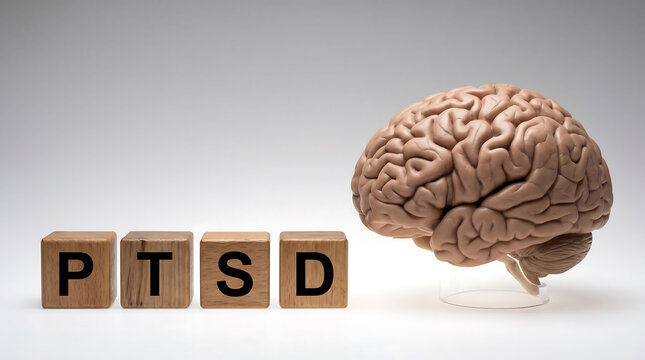 Human brain model with wooden blocks spelling PTSD on white surface