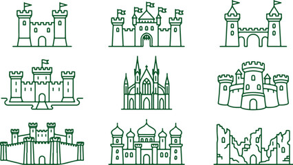 Collection of green line icons representing different styles of castles forts and medieval buildings. © Sadhin