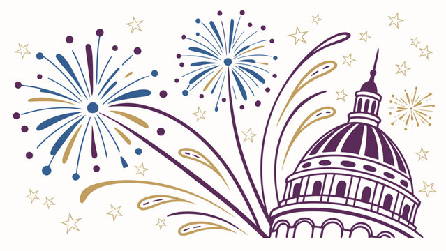 Celebratory fireworks display above classical building dome illustration