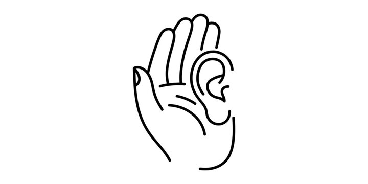 Hand cupped behind ear listening closely, simple black line drawing icon