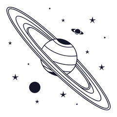 Saturn planet with rings and stars illustration solar system black and white line art © Mamu