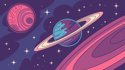 Retro style illustration of saturn and another planet in outer space © Proi