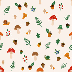 Mushroom acorn fern snail berry woodland Seamless woodland pattern with mushroom, acorn, fern, snail, berry beige background, cute autumn nature © ZENTHRA