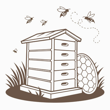Beehive with honeycomb and bees illustration black and white queen bee worker bee