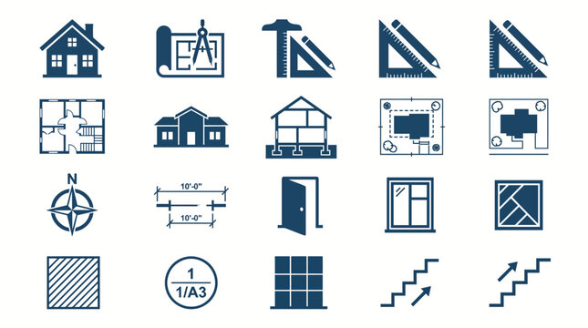 Blueprint architectural design symbols icons.