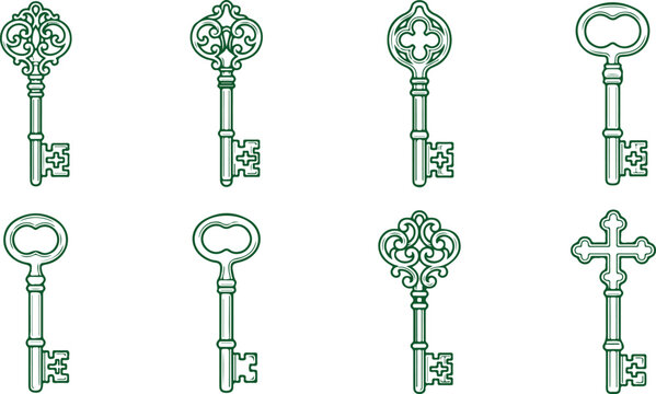 Collection of antique keys ornate vintage skeleton keys in green outline simple line art vector set.