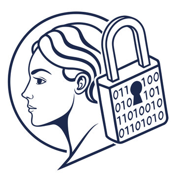 Illustration of a woman's head with a padlock and binary code security technology