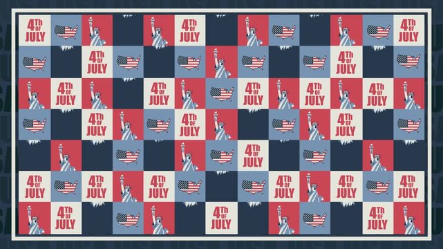 ndependence Day Pattern Video &ndash; Looping 4K animation featuring a seamless patriotic checkerboard pattern of bald eagles, Statue of Liberty icons, USA maps, and 4th of July typography.