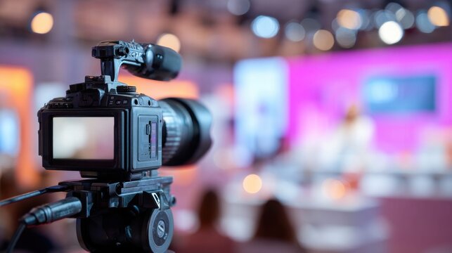 Professional video camera on tripod ready to record a live event with blurred background
