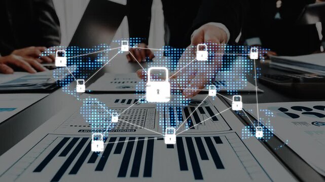 This image illustrates the concept of secure data management with digital locks over business charts, reflecting the importance of cybersecurity and data protection strategies. Raster