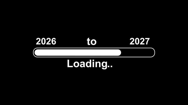 New year 2027 loading bar animation, Loading bar from 2026 to 2027 new year transfer animation. Almost reaching New Year on black background. Welcoming the happy new year 2027. 4k videos