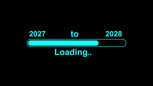 New year 2028 loading bar animation, Loading bar from 2027 to 2028 new year transfer animation. Almost reaching New Year on black background. Welcoming the happy new year 2028. 4k videos