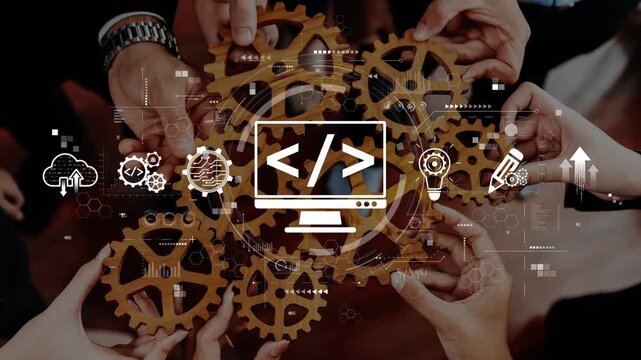 Engaging visual depicting teamwork in technology with gears and code symbols. Ideal for concepts related to innovation, collaboration, and digital solutions. Raster