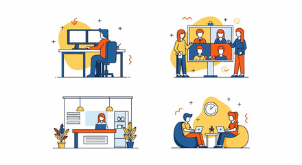 Obraz premium Modern Business Office People Working At Desks In Teams Or Alone Having Video Meetings And Reception Desk Tasks