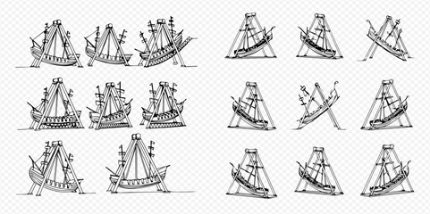 Set of hand-drawn pirate ship illustrations in various dynamic poses and angles, perfect for adventure themes. © Lunara Arts