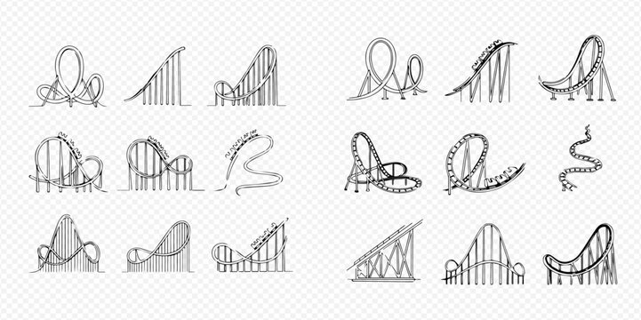 Set of various hand-drawn rollercoaster tracks for amusement park rides and entertainment.