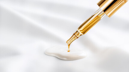 Fototapeta premium A gold pipette applies a dripping liquid oil or serum onto a white cosmetic cream spot.