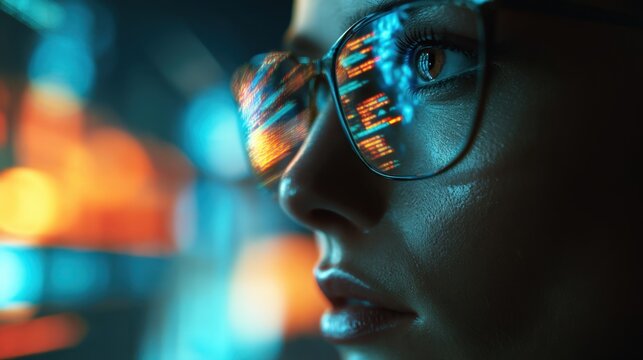 Woman wearing glasses intently analyzing colorful programming code reflected on lenses with a blurred vibrant background at night