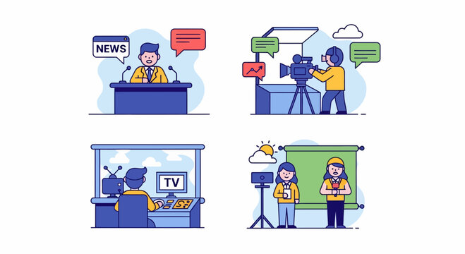 Professional Television News Broadcast Media Production Set With Anchor Cameraman Editor Reporter Journalism Studio Workflow