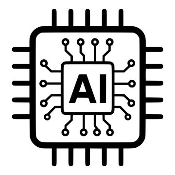 AI Microchip Processor with Circuit Pins, Black Line Icon for Artificial Intelligence Hardware