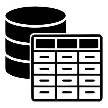 Database Cylinder with Data Table Grid, Black Vector Icon for Structured Data and SQL Storage