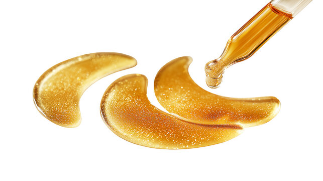 Hydrogel eye patches with golden serum dripping from a glass pipette.