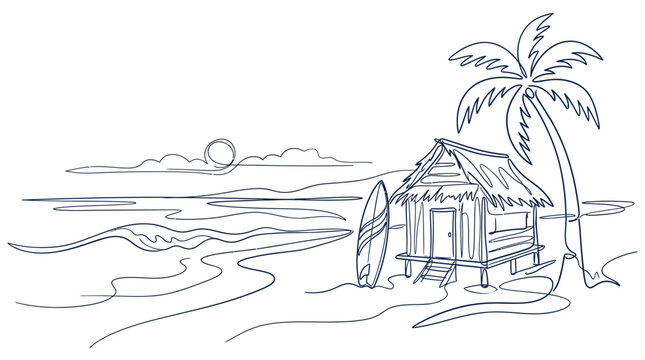 Beach hut with palm tree nearby.