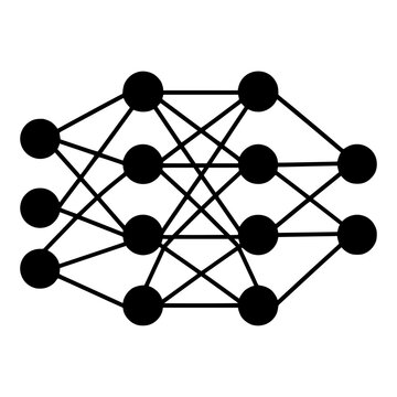 Deep Neural Network Architecture with Connected Nodes, Black Vector Icon for AI Model and Machine Learning