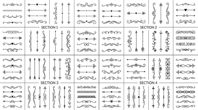 Collection of decorative text dividers and ornamental flourishes in black silhouette style for page design