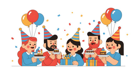 Fototapeta premium Group of happy friends celebrating a birthday party with cakes, gifts, balloons, and confetti.