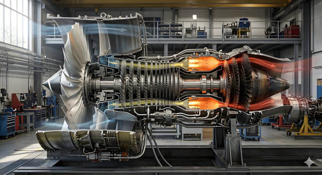 Commercial Jet Engine Cutaway Showing Internal Turbine and Compressor Stages