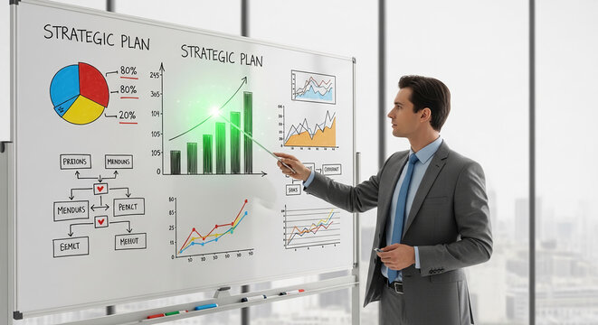 Man presenting strategic plan with charts and flowchart on whiteboard, symbolizing business growth, planning, and analysis