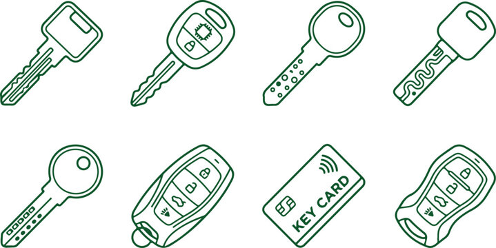 Modern and traditional keys line art vector icons on transparent background.