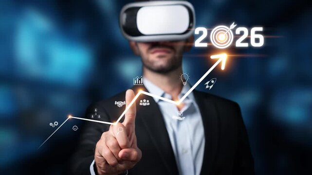 Businessman wearing virtual reality glasses interacts with a digital graph projecting growth for 2026, symbolizing innovation and technology in the corporate world. Raster