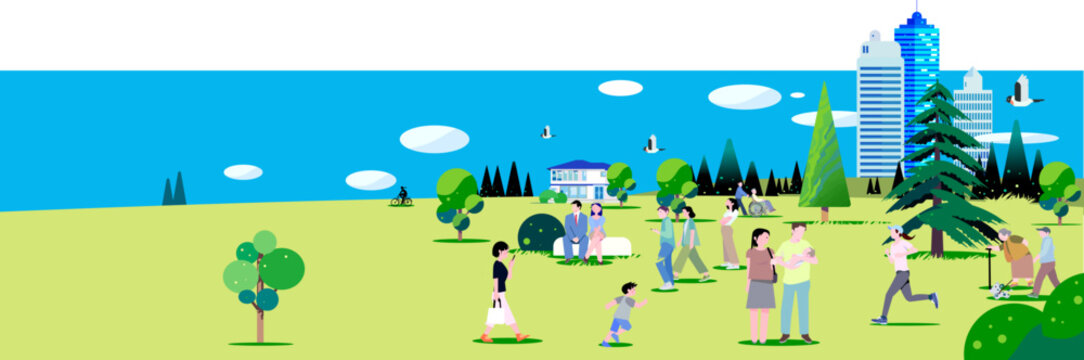Panoramic vector illustration of diverse people relaxing in a green park with city buildings and blue sky