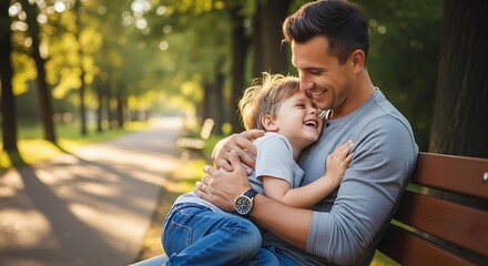 Obraz premium Happy fathers day loving dad and son embrace on park bench