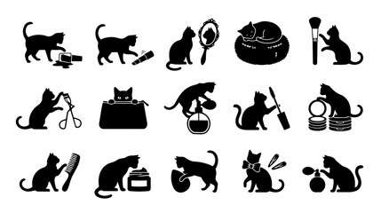 Fototapeta premium Cute Black Cat Beauty and Grooming Silhouettes Set