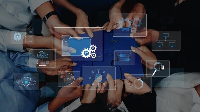 A diverse group of hands working together to connect puzzle pieces, complemented by digital icons that illustrate technology, communication, and teamwork in action. Raster