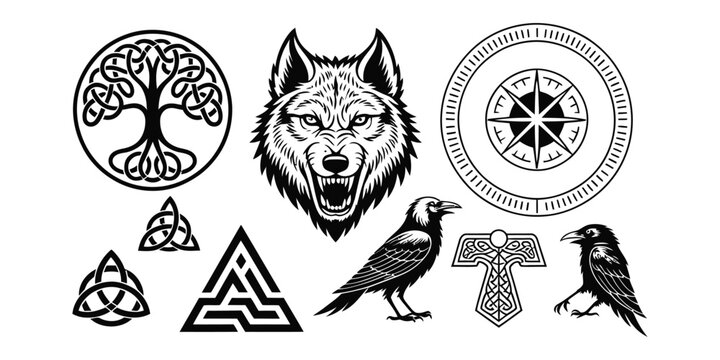 Viking Runes and Symbols Vector Featuring Vegvisir Fenrir Yggdrasil Valknut Triquetra Triskele Norse Pagan Emblems Mythology Icons and Ancient Scandinavian Signs