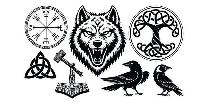 Viking Runes and Symbols Vector Featuring Vegvisir Fenrir Yggdrasil Valknut Triquetra Triskele Norse Pagan Emblems Mythology Icons and Ancient Scandinavian Signs