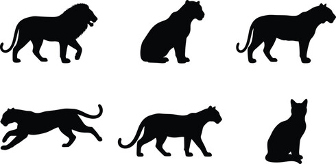 Elegant black feline silhouettes featuring lion, tiger, panther, domestic cat in various poses for creative design use © HASINA