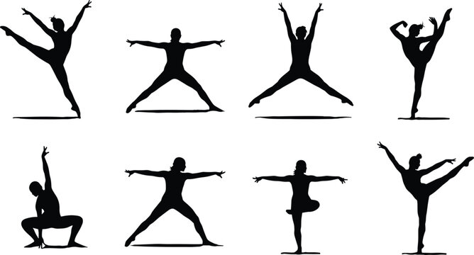 Elegant dance and gymnastics silhouettes showcasing jumps, splits, balance poses, and expressive body movements for creative design projects